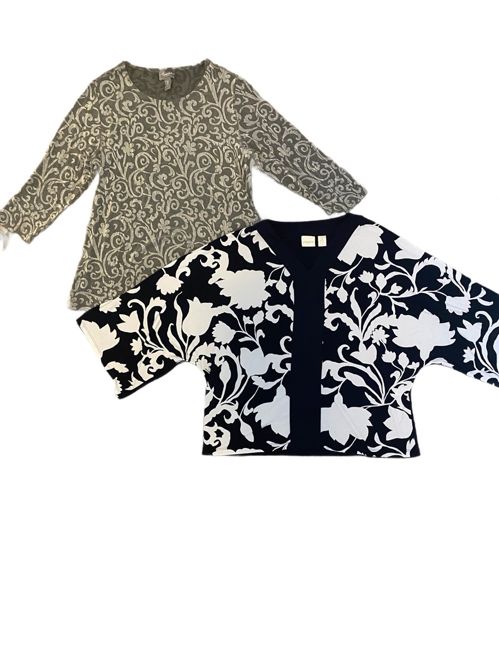 Chico's Two Tops A Black and White Floral Kimono Sleeves And 3/4 Sleeve Jersey